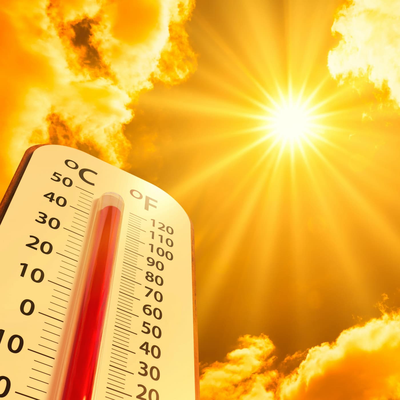Florida Summer Planting Guide: 7 Smart Crops That Thrive in the Heat | The Not so Modern Housewife Bright summer sun shining over a high thermometer reading above 100°F, illustrating the extreme heat conditions discussed in the Florida Summer Planting Guide.