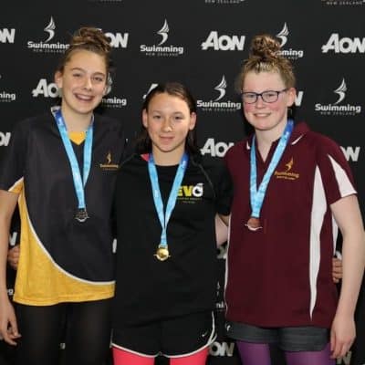 Medal-winning athletes after swimming competition in New Plymouth, New Zealand.
