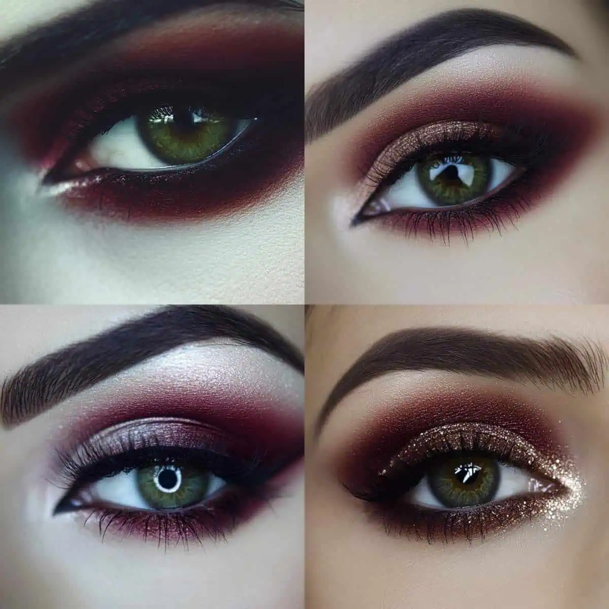 Grünes Augen-Make-up mit burgunderfarbenem Lidschatten