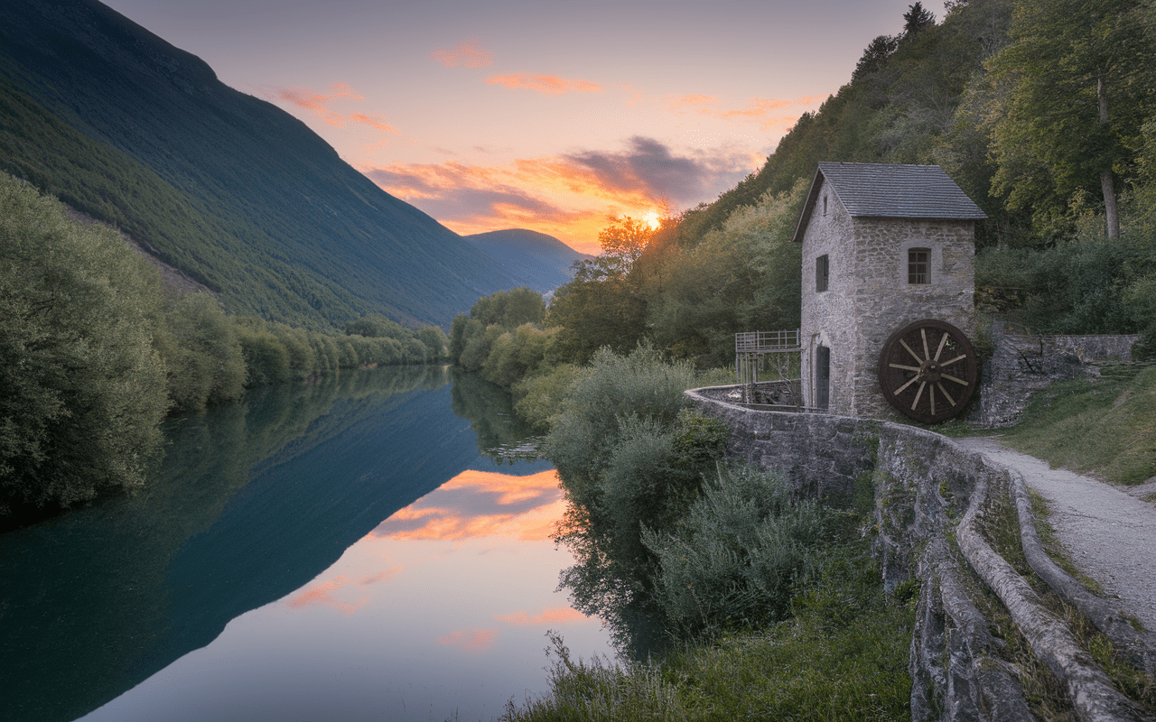 Vallée de la Maine avec moulin à eau traditionnel