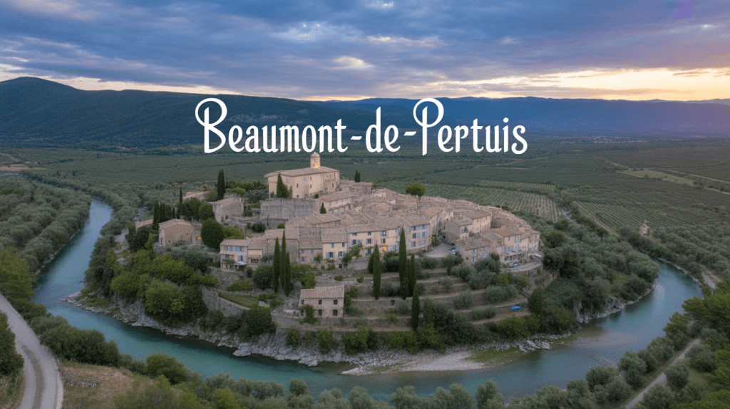 Vue panoramique de Beaumont-de-Pertuis avec oliveraies et Durance