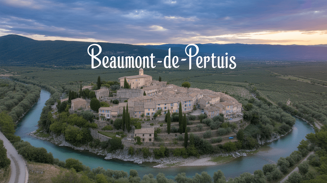 Vue panoramique de Beaumont-de-Pertuis avec oliveraies et Durance