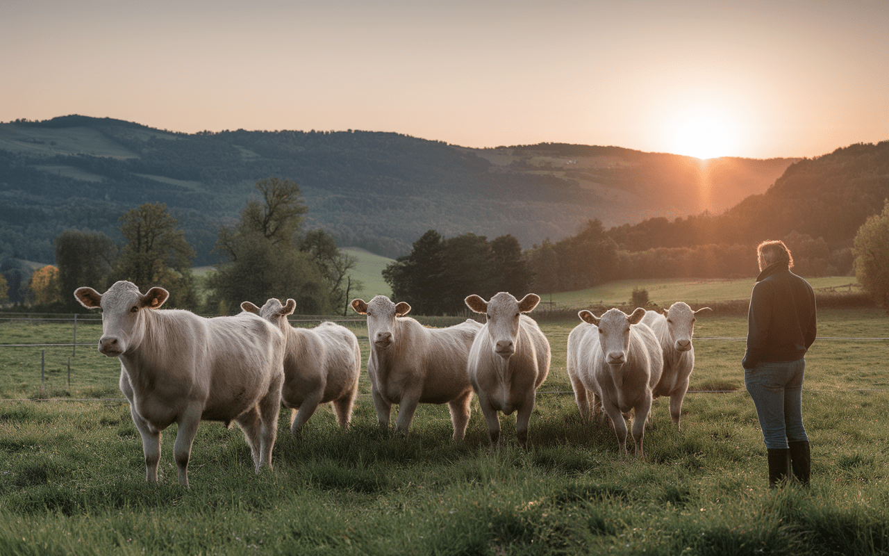 Vaches landaises Armagnacaise dans pré authentique, éleveur observant