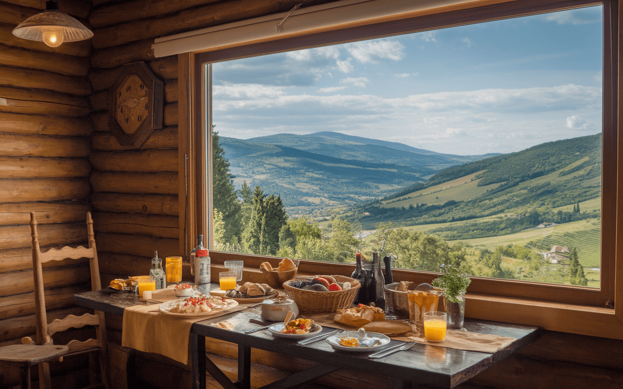 Intérieur cabane arbres Occitanie avec petit-déjeuner panoramique