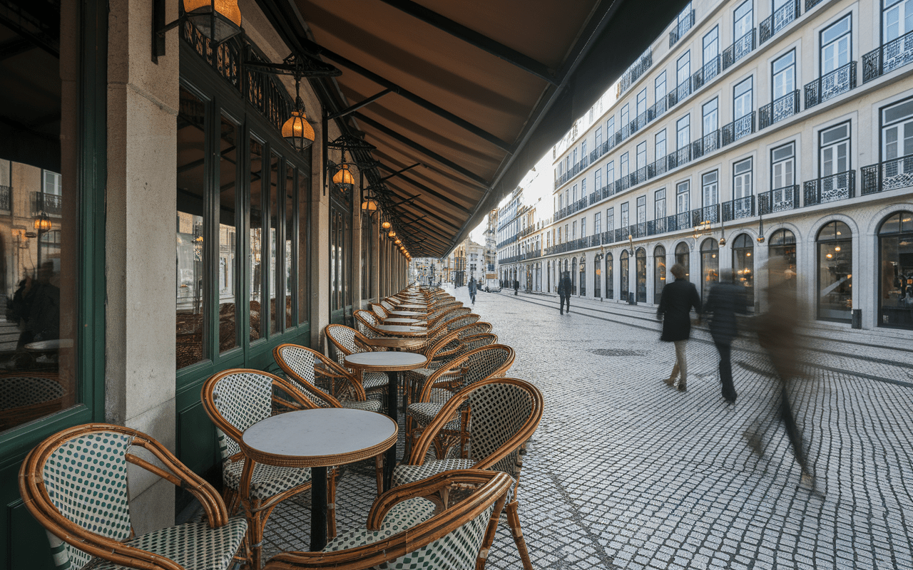 Terrasse de café typique du quartier Chiado à Lisbonne