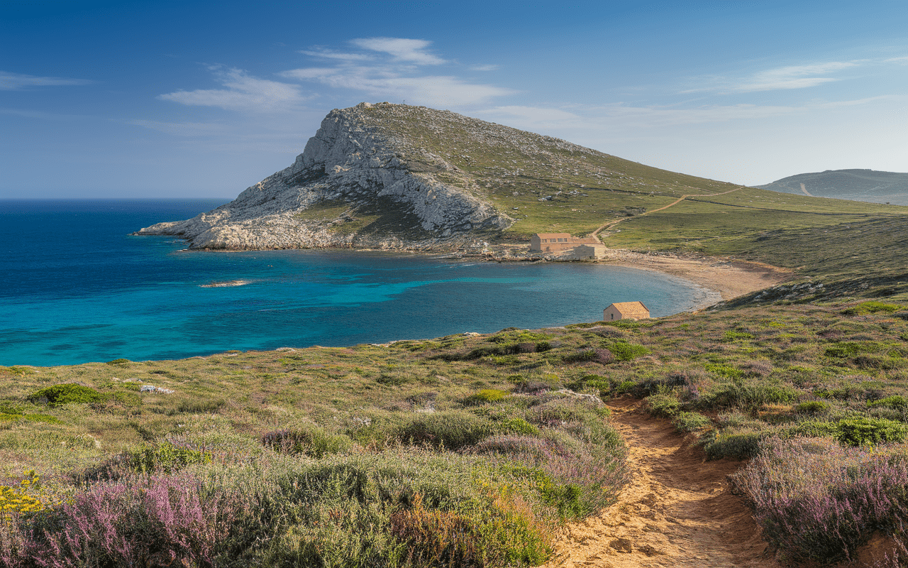 Panorama ensoleillé de Cap Taillat avec Maison des Douanes et garrigue