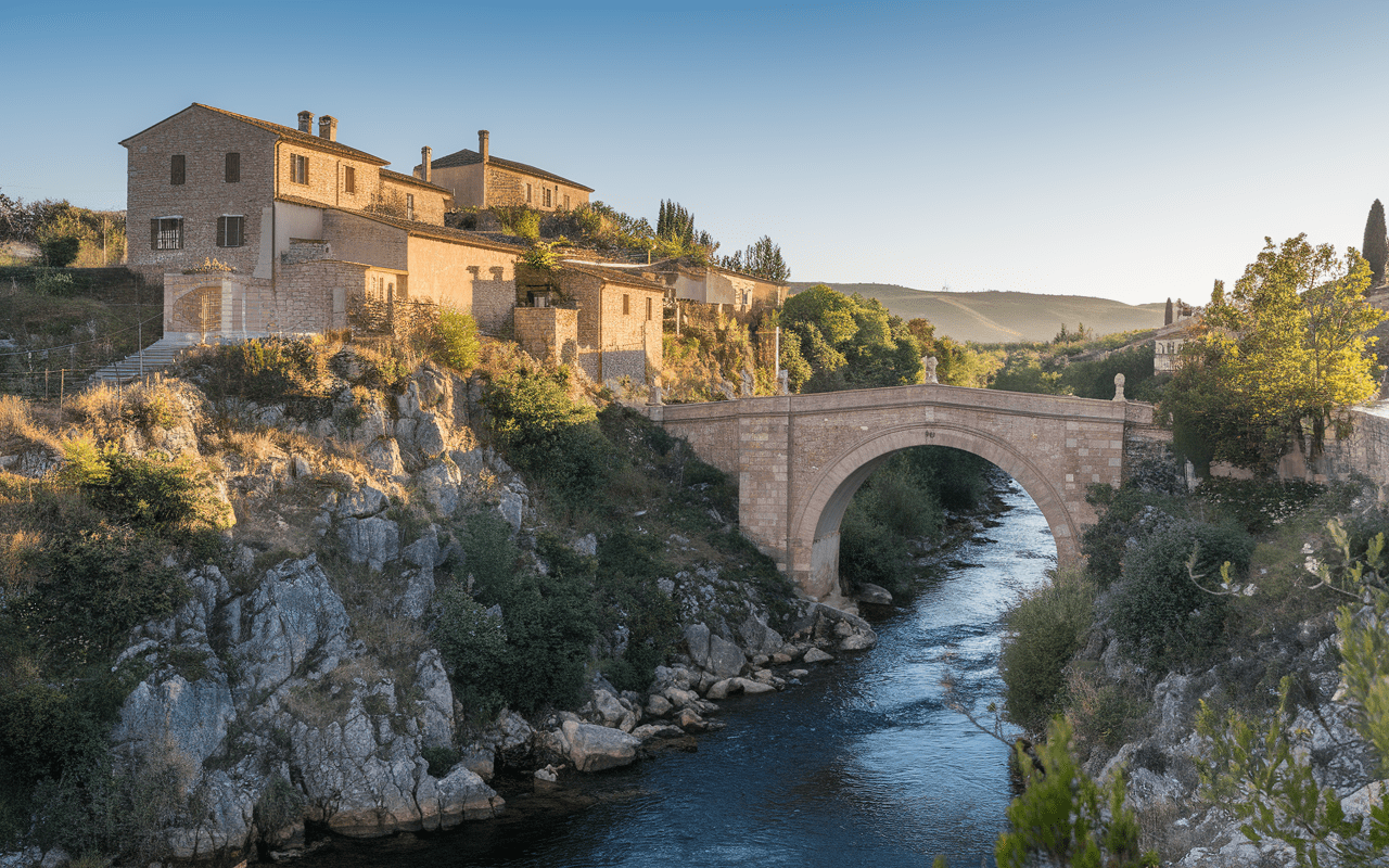 Chauzon village en pierre avec pont pittoresque