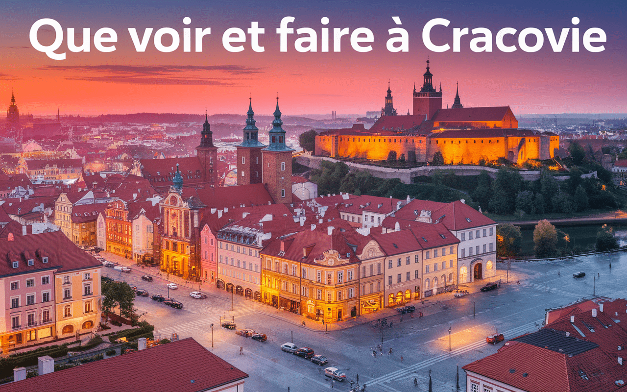 Vue aérienne de Cracovie avec Place du Marché, Château du Wawel et Vistule
