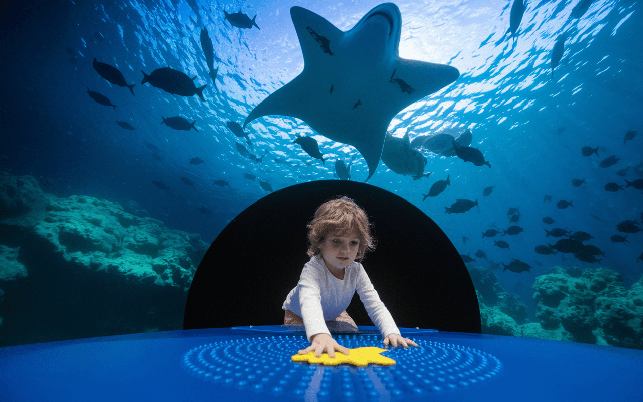 Tunnel aquatique et bassin tactile avec vie marine