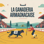 Arène avec vache noire et écarteur, ambiance course landaise Armagnacaise