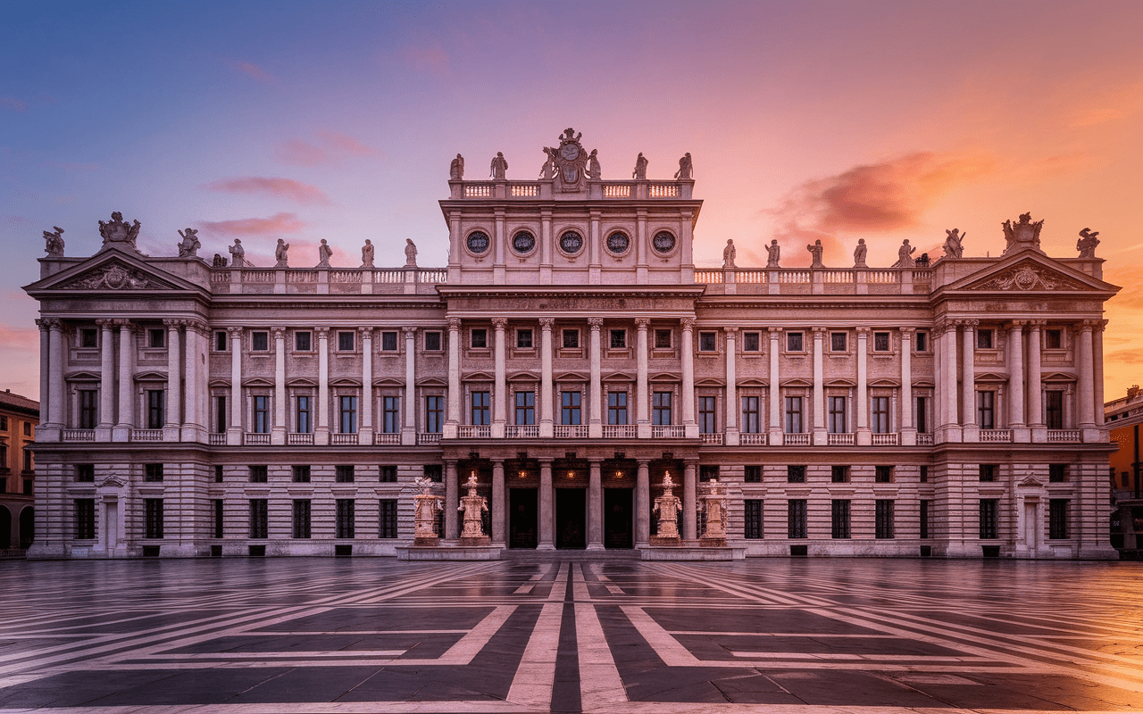 Vue panoramique du Palais Royal de Naples avec façade néoclassique au crépuscule
