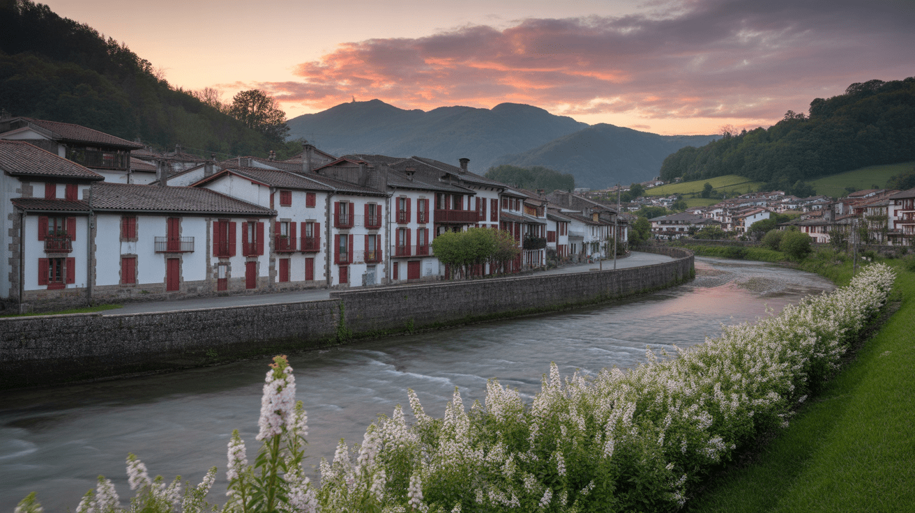 Vue panoramique d'Itxassou avec maisons basques et Pyrénées