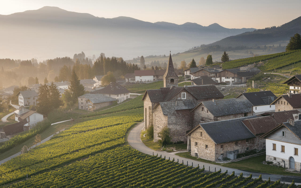 Village de Jongieux avec vignobles et montagnes