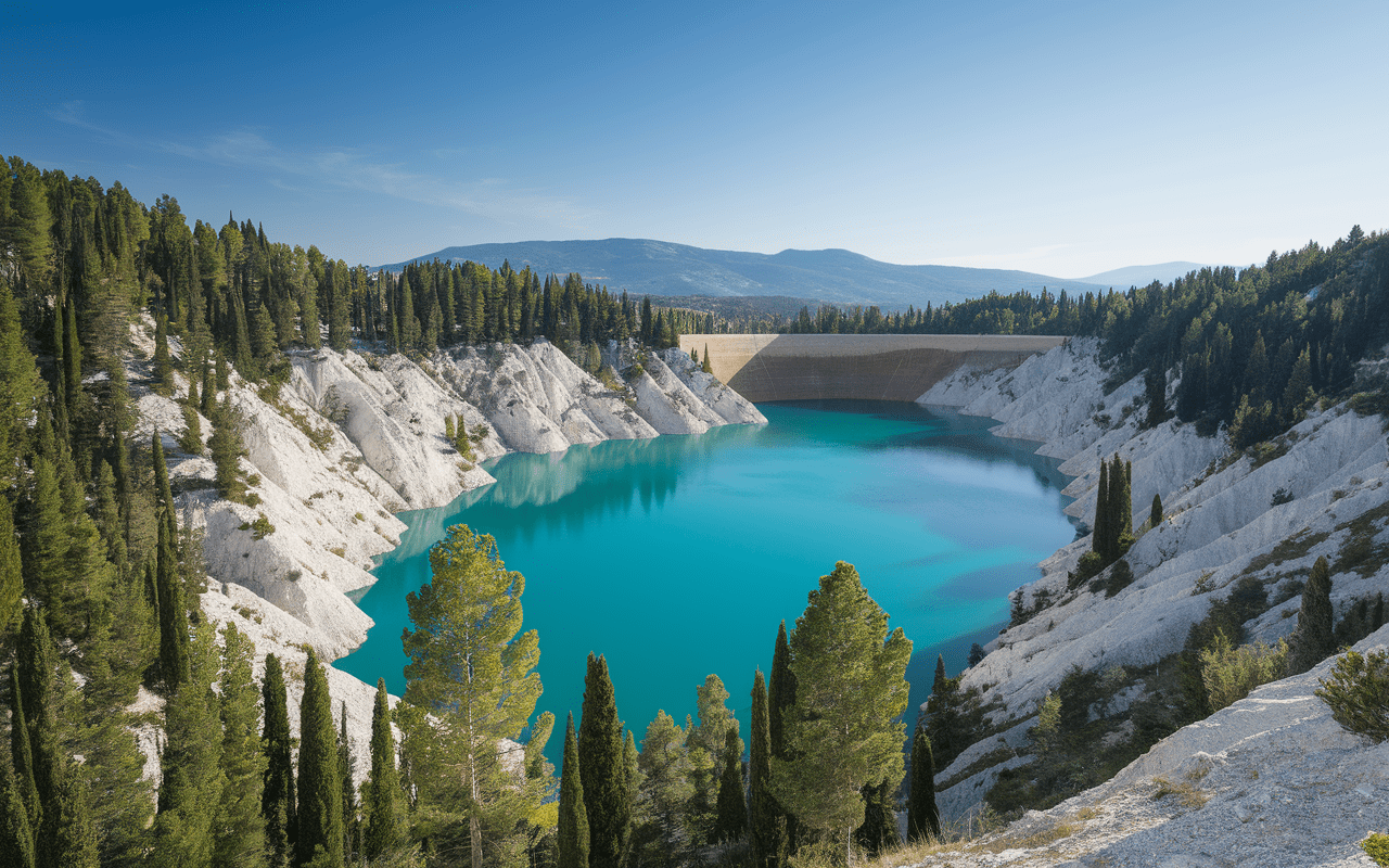 Panorama du lac d'Esparron avec falaises calcaires et pins