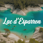 Vue aérienne du lac d'Esparron avec kayaks sur eaux turquoise