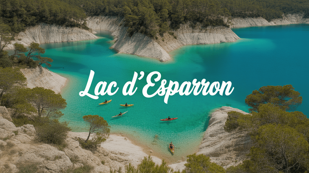Vue aérienne du lac d'Esparron avec kayaks sur eaux turquoise