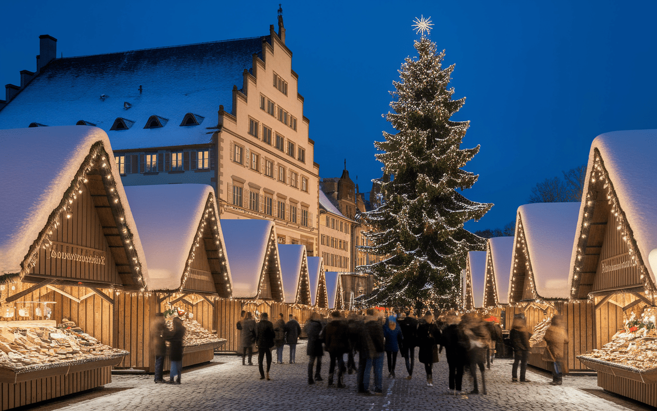 Marché de Noël allemand avec place médiévale et décorations festives