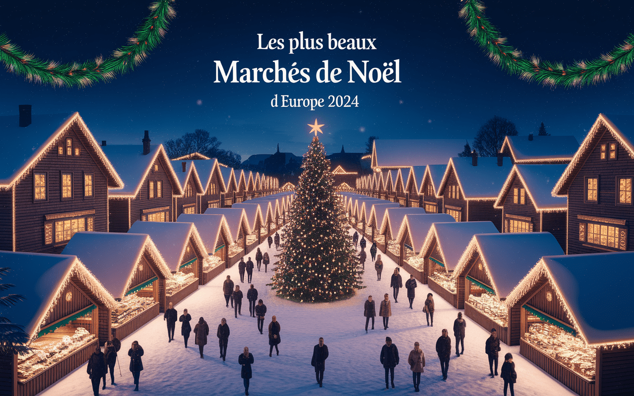 Marchés de Noël européens illuminés avec chalets et ambiance festive