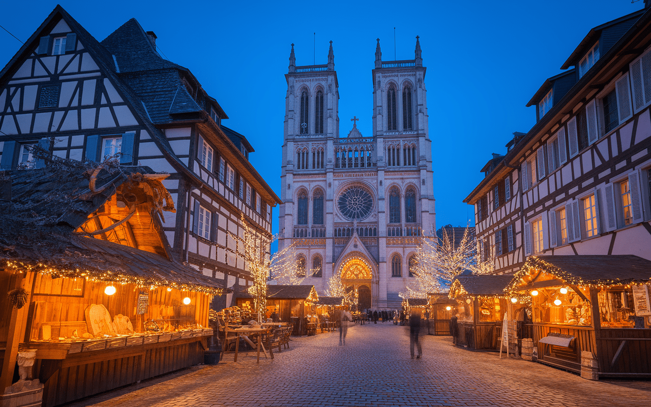 Marché de Noël de Strasbourg avec cathédrale et chalets traditionnels