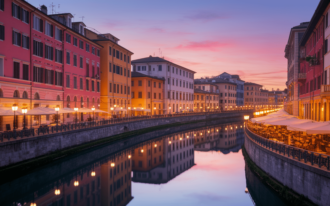 Canaux Navigli de Milan au crépuscule avec cafés