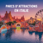 Parc d'attractions italien avec montagnes russes, grande roue et familles