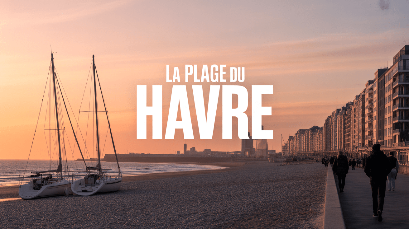 Vue panoramique de la plage du Havre avec galets, sable et front de mer