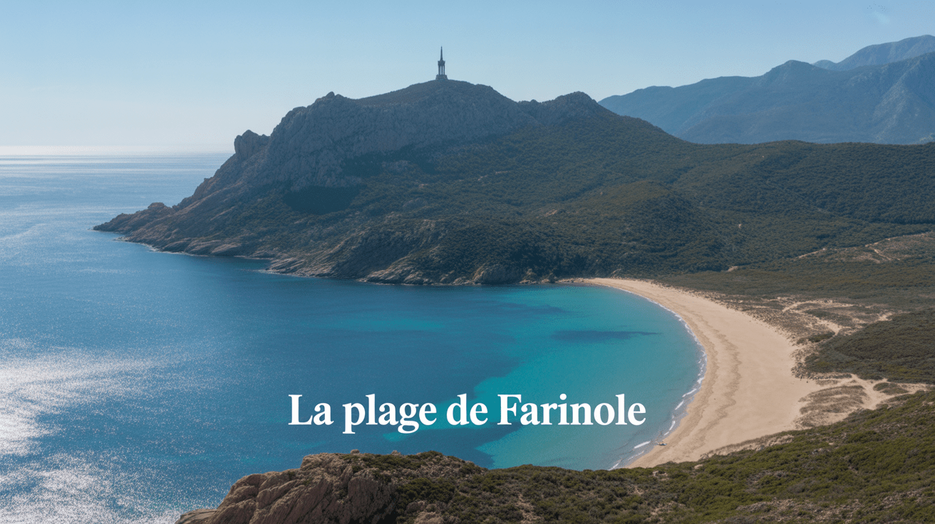 Plage de Farinole, sable fin, mer turquoise, tour génoise, montagnes corses
