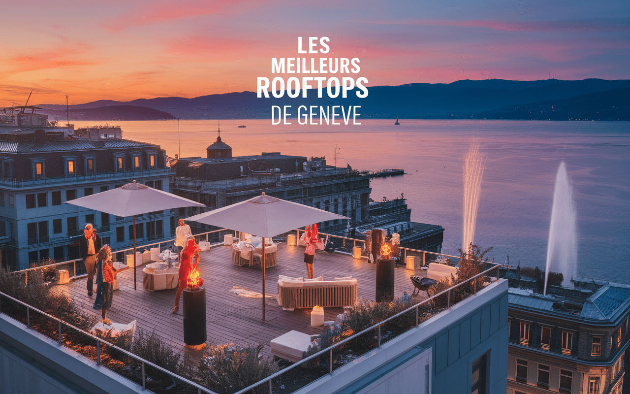 Rooftop à Genève avec vue sur le lac et le Jet d'eau au coucher du soleil