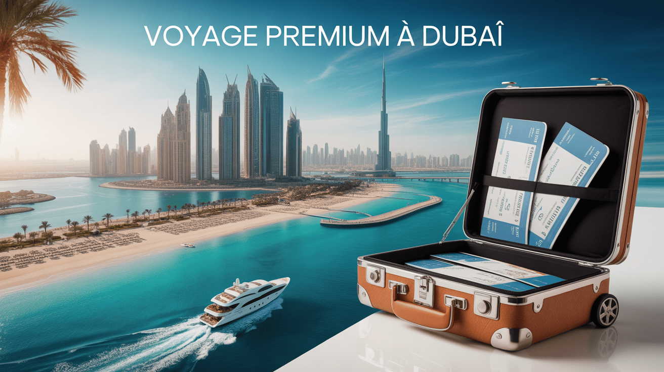 Vue panoramique de Dubaï avec gratte-ciels, yacht et billets d'avion
