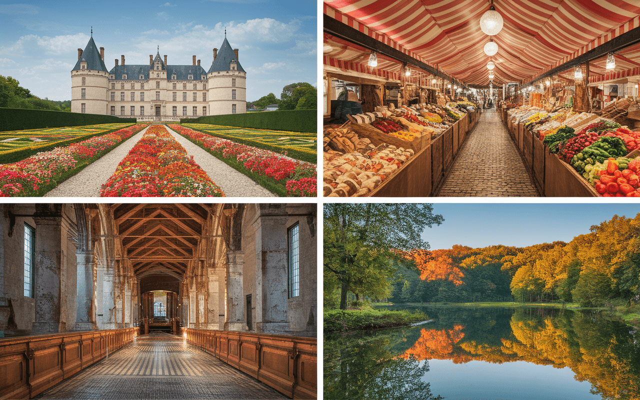 Collage d'excursions : château, jardin, marché, lac naturel
