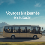 Autocar moderne sur route panoramique, passagers admirant paysage