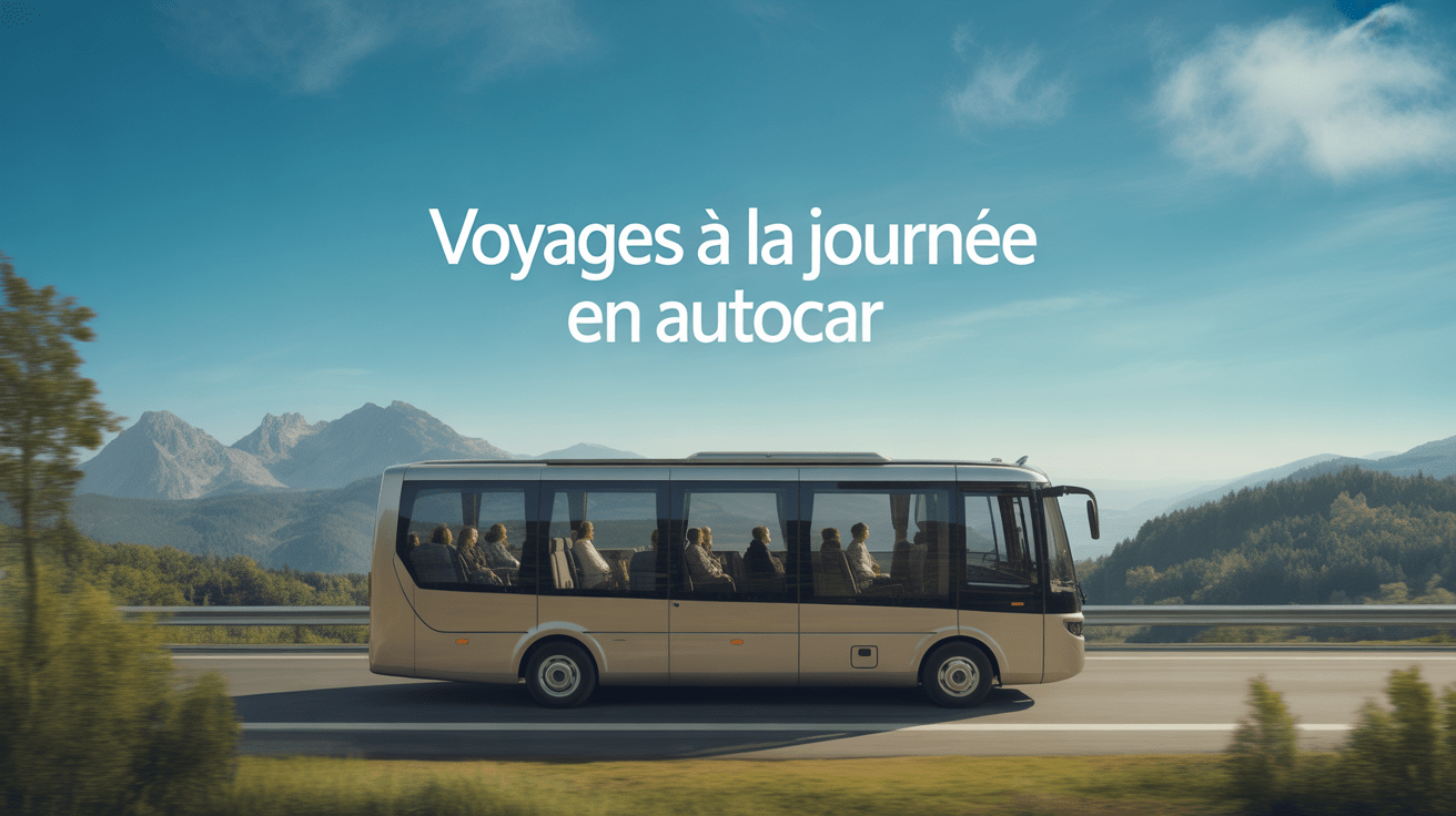 Autocar moderne sur route panoramique, passagers admirant paysage