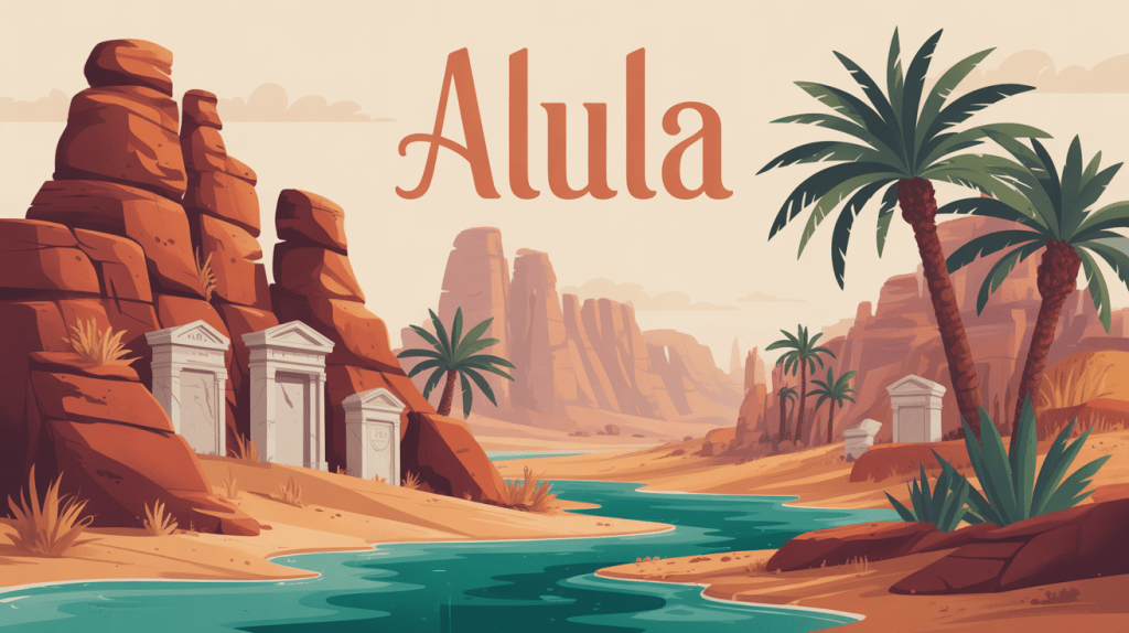 illustration stylisée désert AlUla oeasis roches tomes