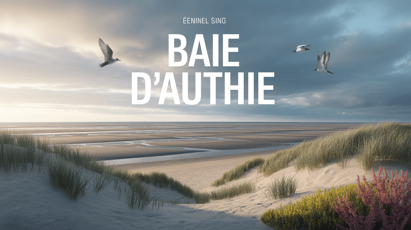 Estuaire de la baie d Authie avec dunes et pres sales sous ciel nuageux