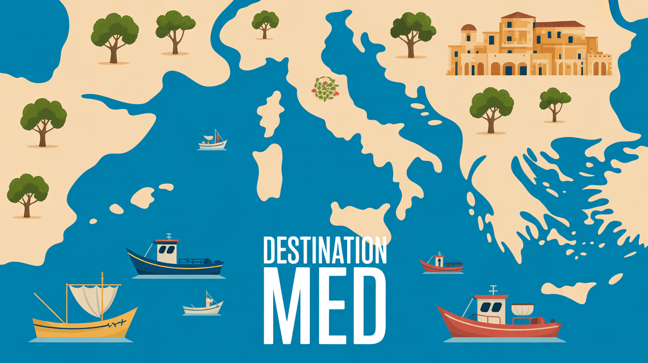 Illustration Destination Med carte Mediterranee bateau olivier architecture