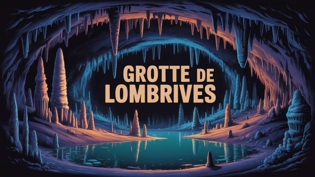 Vue stylisée de la grotte de Lombrives avec stalactites et lac souterrain