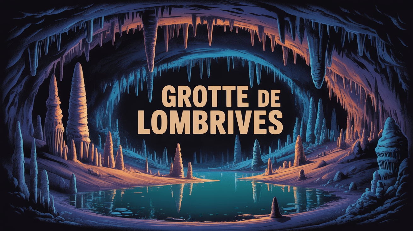 Vue stylisée de la grotte de Lombrives avec stalactites et lac souterrain