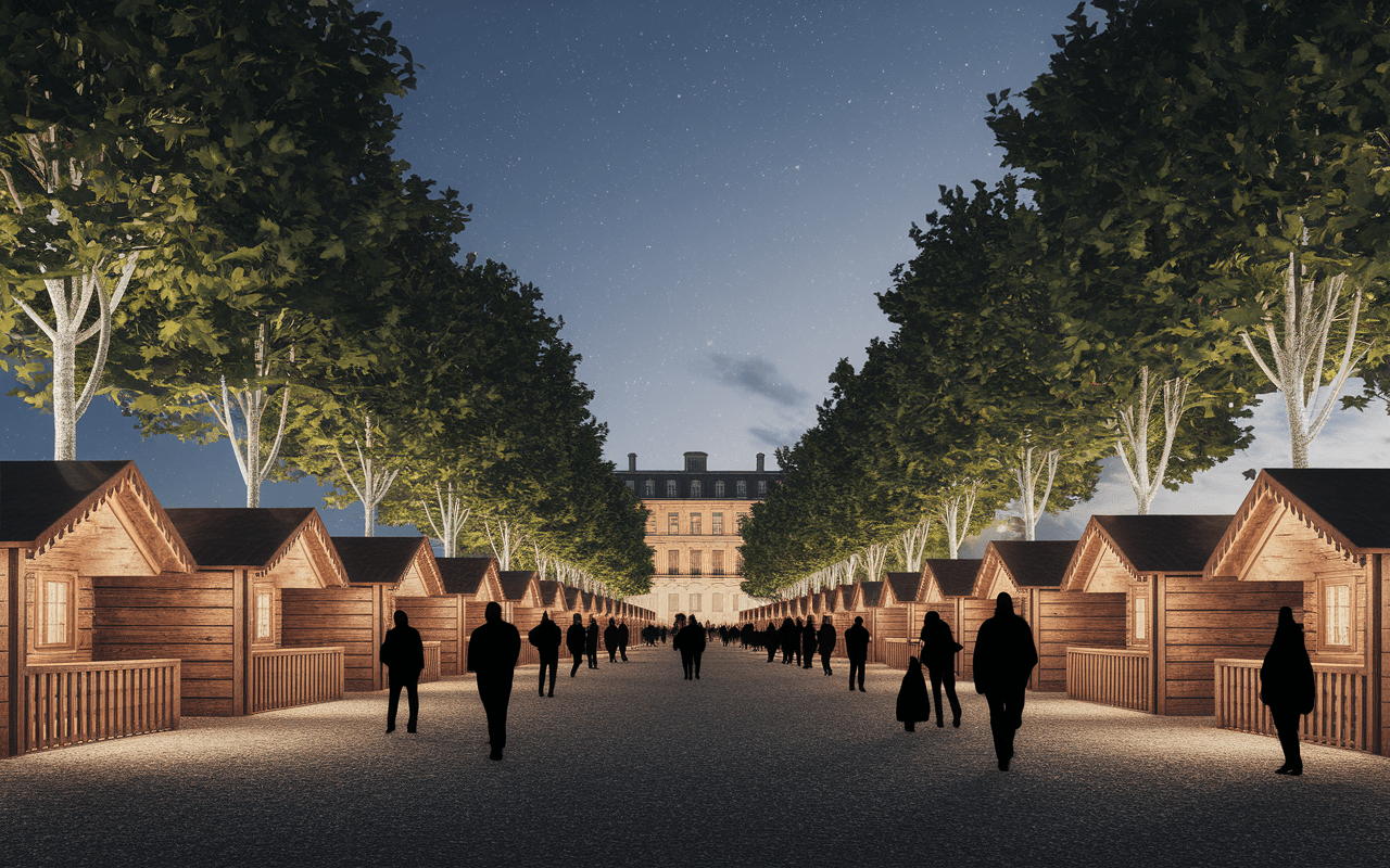 Marche de Noel Bordeaux allees de Tourny avec chalets en bois et illuminations festives