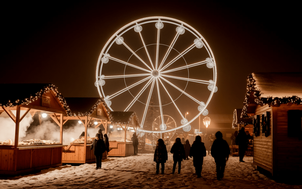 Marche de Noel Bordeaux grande roue et stands de nourriture en lumiere nocturne