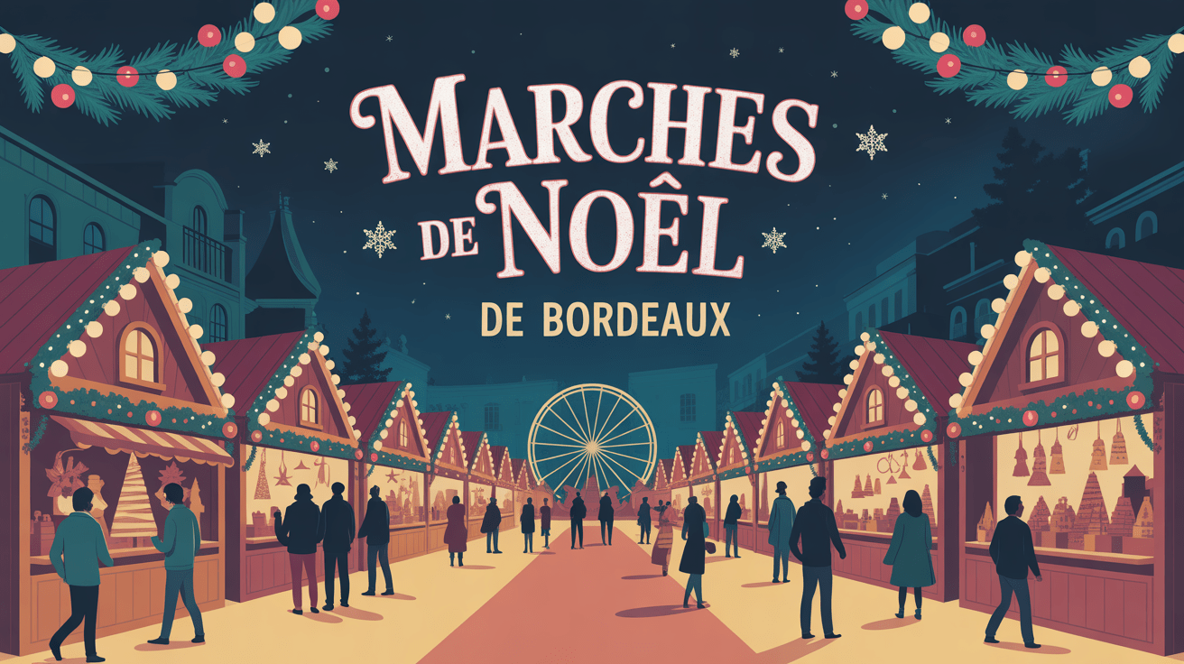 Marche de Noel Bordeaux avec chalets en bois et grande roue illuminée