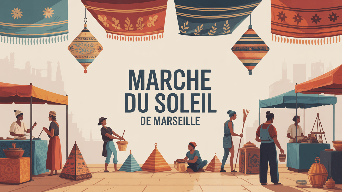 marché du soleil marseille illustration colorée étals tissus épices artisans