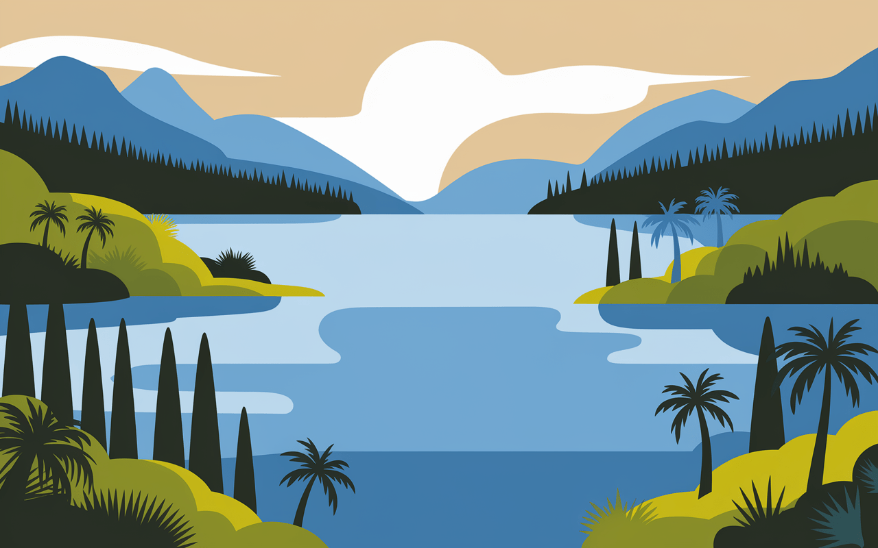 Illustration lac de garde Italie Nord montagnes vegetation mediterraneenne