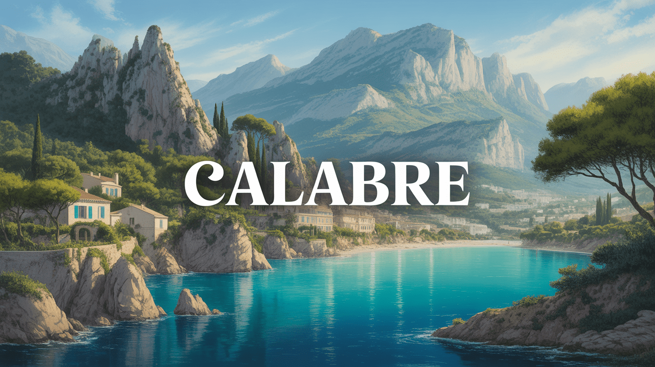 Vue panoramique calabre falaises eaux turquoise village maisons blanches montagnes oliviers