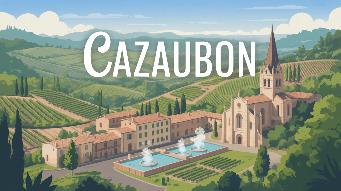 Vue panoramique de Cazaubon avec sources chaudes et vignobles