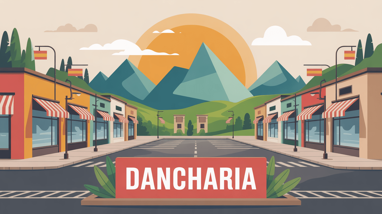 Zone commerciale Dancharia avec boutiques et montagnes