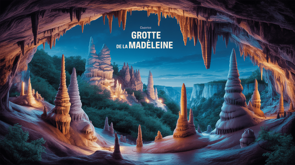 Caverne souterraine illuminée avec formations spectaculaires