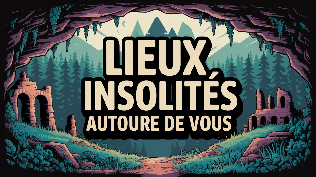 Illustration d'un paysage insolite avec grotte et ruines