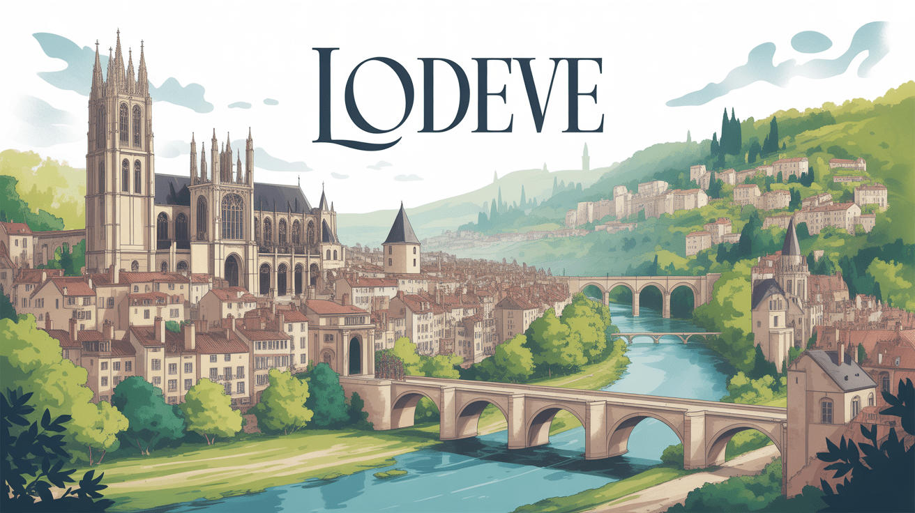 Vue panoramique de Lodève avec cathédrale gothique et ponts anciens
