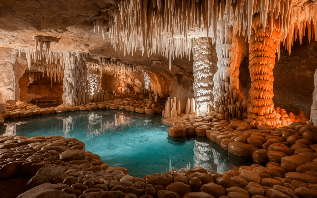 Intérieur de la grotte avec stalactites et formations rocheuses