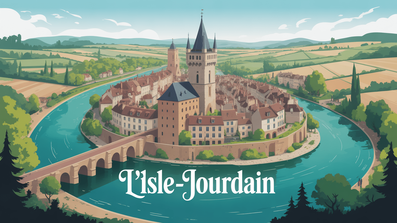 Vue aérienne de L'Isle-Jourdain avec tour-clocher et pont